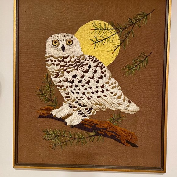Set of 5 Vintage 1970s Owl Yarn Crewel Embroidery art (4 small 1 large) - Picture 7 of 8